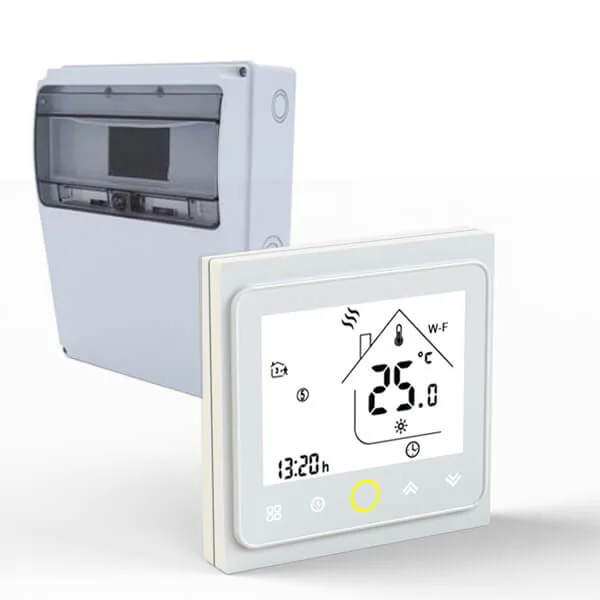 Schaltschrank für die Fußbodenheizung und digitaler Thermostat im gemeinsamen Einsatz